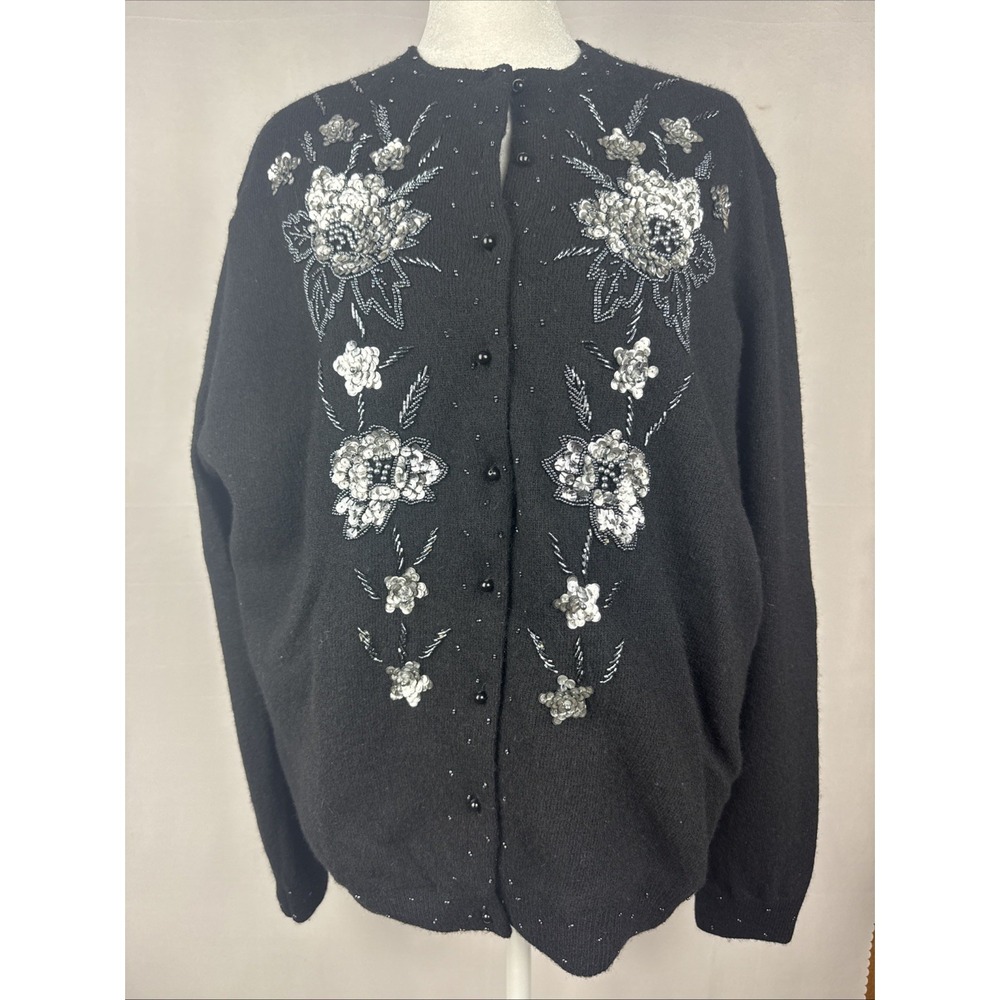 Fanny Cardigan Women's Sz L Black Beaded Embellished Wool Blend VTG 1950s/1960s